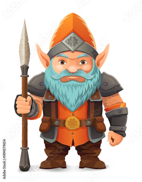 Fototapeta cartoon fantasy dwarf character with a bright blue beard and armor wearing an orange hat he stands firmly with a determined expression the design is a colorful vector illustration emphasizing fantasy 