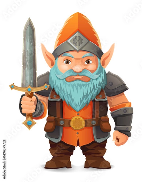Fototapeta cartoon fantasy dwarf character with a bright blue beard and armor wearing an orange hat he stands firmly with a determined expression the design is a colorful vector illustration emphasizing fantasy 