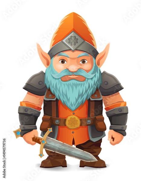 Fototapeta cartoon fantasy dwarf character with a bright blue beard and armor wearing an orange hat he stands firmly with a determined expression the design is a colorful vector illustration emphasizing fantasy 