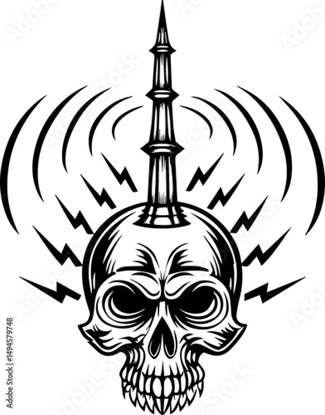 Fototapeta SVG skull tattoo featuring cyber mechanic elements in detailed vector style. Skull with Radio Tower and Lightning Bolts in Bold Black Art Style