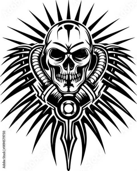 Fototapeta SVG skull tattoo featuring cyber mechanic elements in detailed vector style. Detailed Black and White Skull Design with Sharp Spikes Background