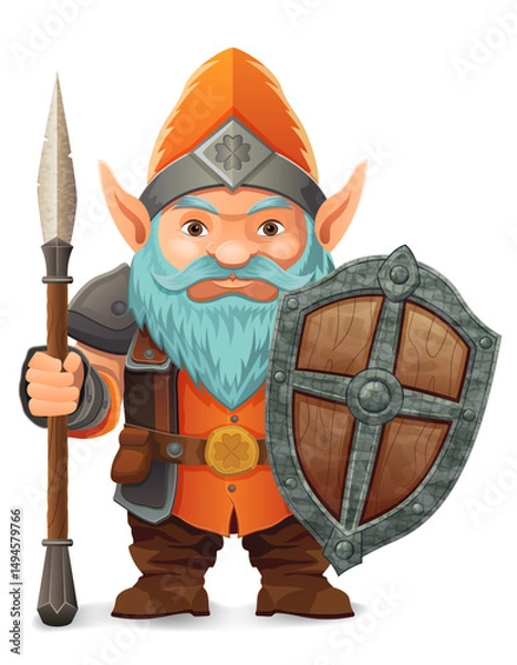 Fototapeta cartoon fantasy dwarf character with a bright blue beard and armor wearing an orange hat he stands firmly with a determined expression the design is a colorful vector illustration emphasizing fantasy 