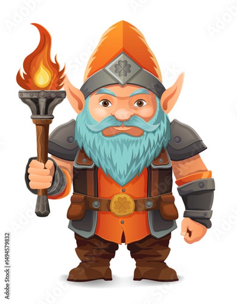 Fototapeta cartoon fantasy dwarf character with a bright blue beard and armor wearing an orange hat he stands firmly with a determined expression the design is a colorful vector illustration emphasizing fantasy 