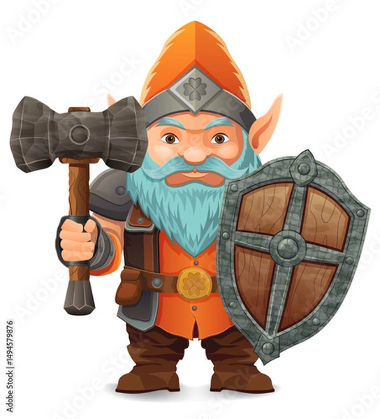 Fototapeta cartoon fantasy dwarf character with a bright blue beard and armor wearing an orange hat he stands firmly with a determined expression the design is a colorful vector illustration emphasizing fantasy 
