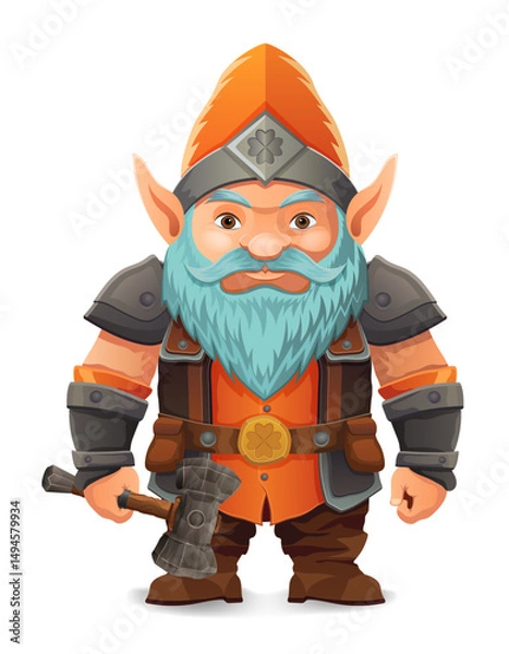 Fototapeta cartoon fantasy dwarf character with a bright blue beard and armor wearing an orange hat he stands firmly with a determined expression the design is a colorful vector illustration emphasizing fantasy 