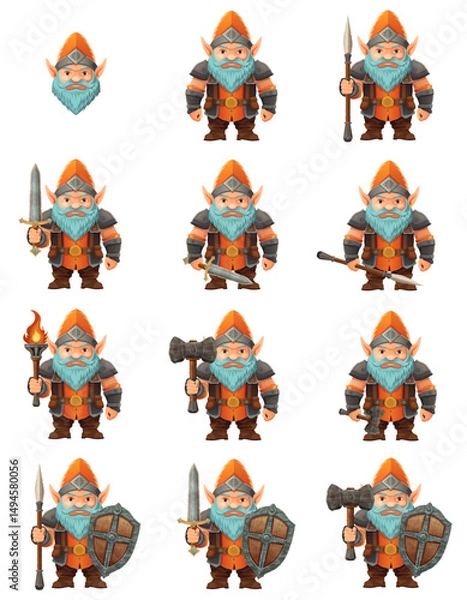 Fototapeta cartoon fantasy dwarf character with a bright blue beard and armor wearing an orange hat he stands firmly with a determined expression the design is a colorful vector illustration emphasizing fantasy 