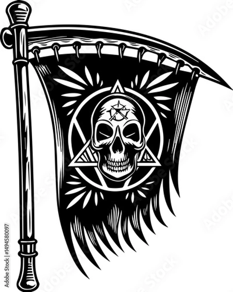 Fototapeta SVG skull tattoo featuring cyber mechanic elements in detailed vector style. Skull Flag with Scythe and Mystical Symbols in Black and White