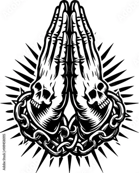 Fototapeta SVG skull tattoo featuring cyber mechanic elements in detailed vector style. Praying Hands with Skull Design and Chains in Black and White