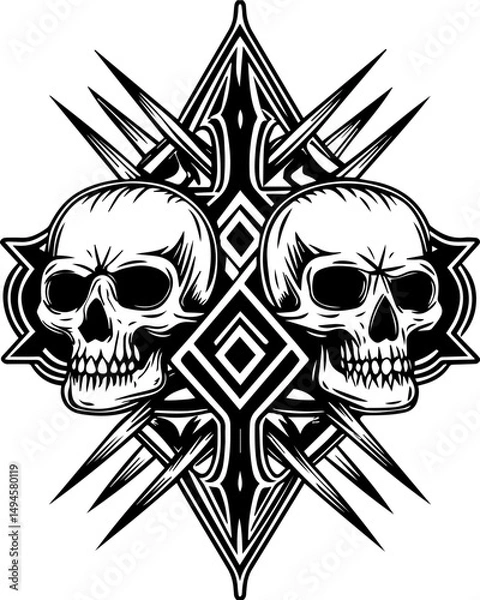 Fototapeta SVG skull tattoo featuring cyber mechanic elements in detailed vector style. Intricate Skull Design with Sharp Spikes and Geometric Elements