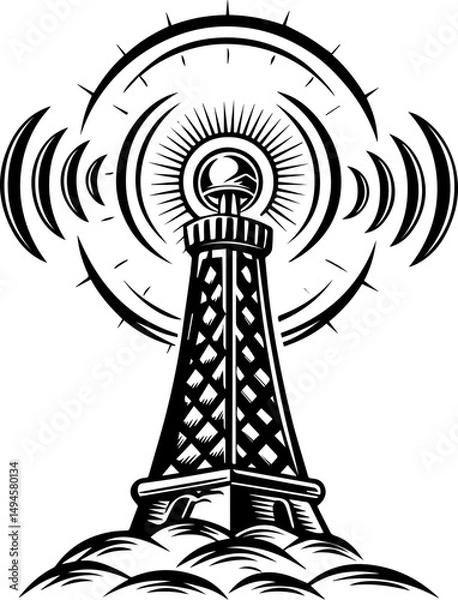 Fototapeta SVG skull tattoo featuring cyber mechanic elements in detailed vector style. Vintage Radio Tower with Emitting Waves and Sunburst Design