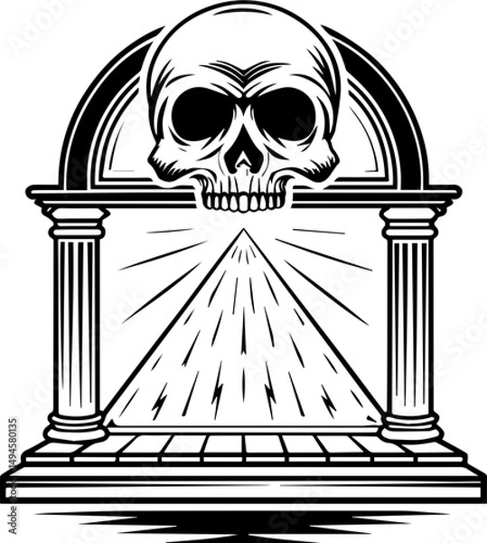 Fototapeta SVG skull tattoo featuring cyber mechanic elements in detailed vector style. Skull Symbol at Arch with Rays of Light on Decorative Background