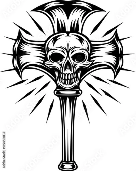 Fototapeta SVG skull tattoo featuring cyber mechanic elements in detailed vector style. Skull and Cross Design with Radiating Spikes for Bold Artwork