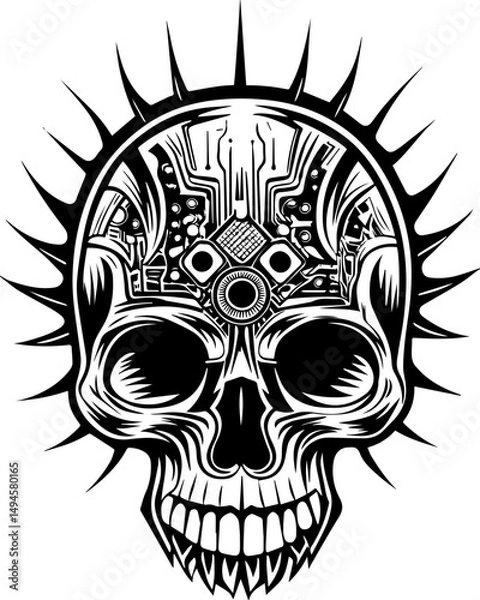 Fototapeta SVG skull tattoo featuring cyber mechanic elements in detailed vector style. Intricate Skull Design with Cybernetic Elements and Spikes
