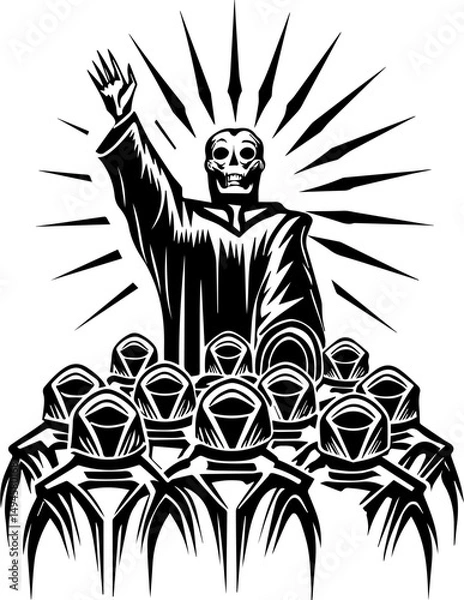 Fototapeta SVG skull tattoo featuring cyber mechanic elements in detailed vector style. Dark Artistic Illustration of Figure Raising Arm in Monochrome Design