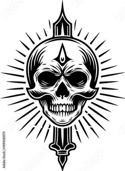 Fototapeta SVG skull tattoo featuring cyber mechanic elements in detailed vector style. Intricate Skull Design with Radiating Elements and Decorative Spear