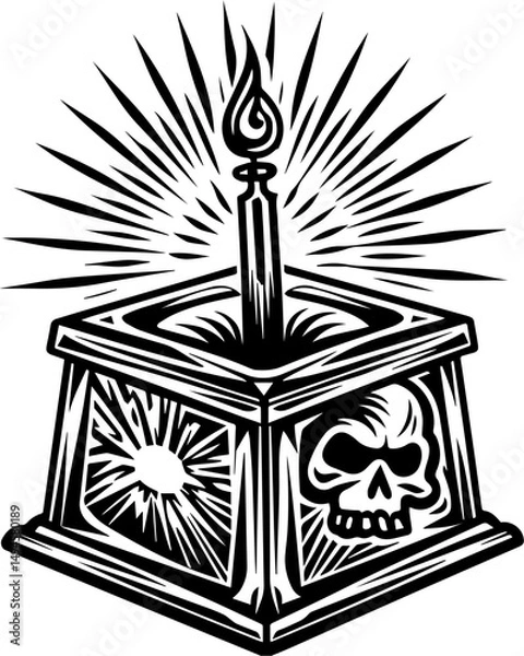 Fototapeta SVG skull tattoo featuring cyber mechanic elements in detailed vector style. Intricate Black and White Vintage Design with Skull and Candle
