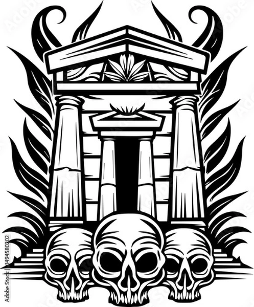 Fototapeta SVG skull tattoo featuring cyber mechanic elements in detailed vector style. Intricate Black and White Illustration of Skulls and Monument