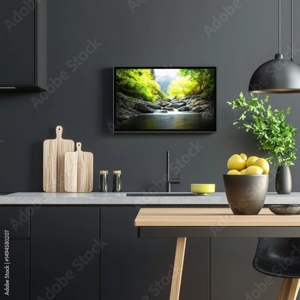 Fototapeta Stream winding through rocky forest displayed in modern black kitchen above sink with wood cutting boards and lemons near a table, creates calm focal point.