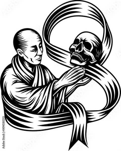 Fototapeta SVG skull tattoo featuring cyber mechanic elements in detailed vector style. Monk Contemplating Skull with Abstract Ribbon Design in Black and White