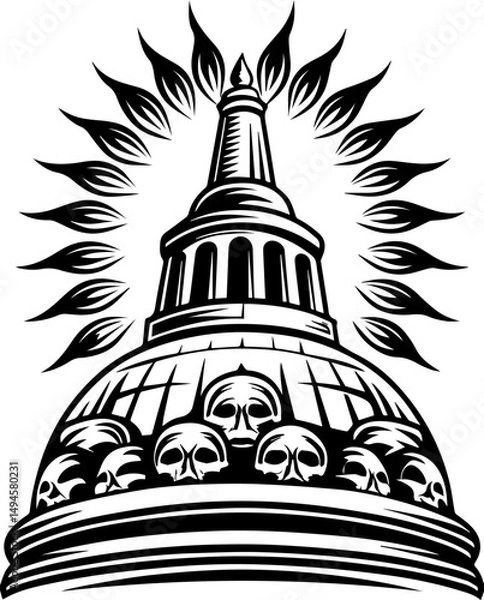 Fototapeta SVG skull tattoo featuring cyber mechanic elements in detailed vector style. Artistic depiction of a dome adorned with skulls and rays