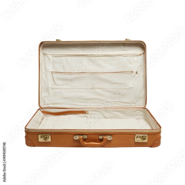 Fototapeta An open, vintage leather suitcase with a striped interior lining, brass hardware, and a handle lies empty on a white background ready for packing travel goods.
