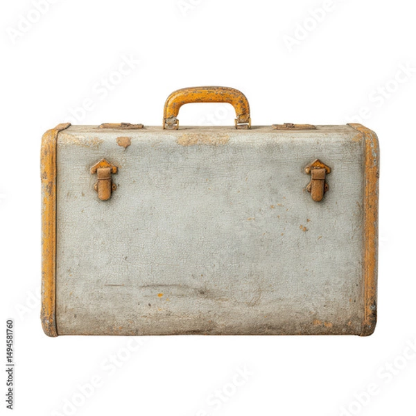 Fototapeta A weathered vintage suitcase with a distressed gray exterior and worn yellow trim rests against a clean white background, evoking a sense of history and travel.