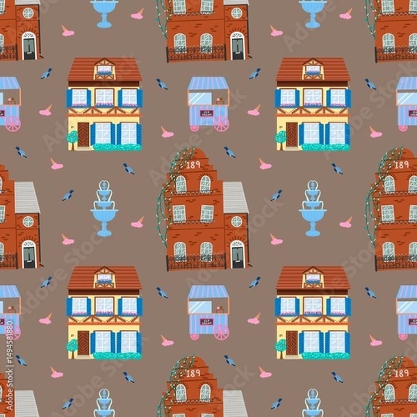 Obraz Seamless pattern with whimsical houses, fountains, birds, and ice cream carts in a cozy town style. Perfect for kids, fabrics, and playful designs.
