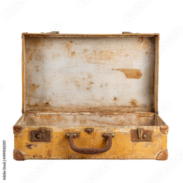 Fototapeta An aged yellow suitcase, weathered and open, reveals its worn interior, hints of travel stories etched in its stained fabric and tarnished metal clasps securely placed.