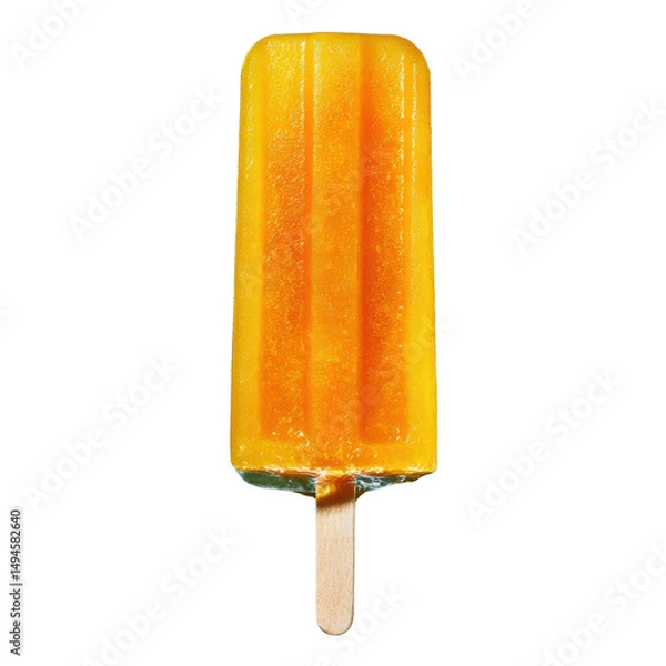 Fototapeta A vibrant orange popsicle, with visible juice streaks and a wooden stick, stands against a bright white background, creating a refreshing summer treat image.