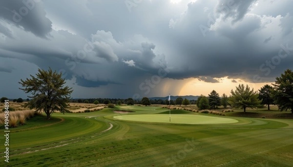 Fototapeta Golfing golf-course concept. Dramatic sky over a serene golf course with lush greenery and distant trees.