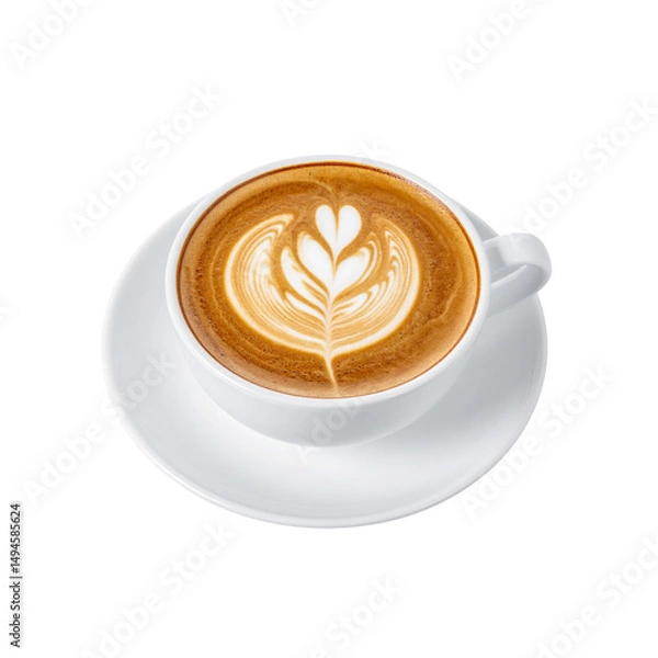 Obraz A hot brown beverage in a white mug, like a cappuccino or coffee with chocolate, shows milk foam art