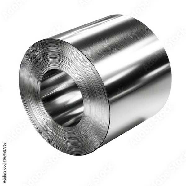 Fototapeta Shiny rolled sheet metal coil reflects light, showcasing its smooth surface and metallic texture, isolated on a clean white background in a studio shot perfectly.