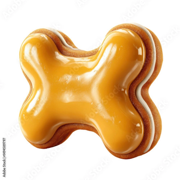 Fototapeta A dog bone shaped treat with a glossy orange coating is centered on a white background making it look appetizing for pets wanting a special snack.