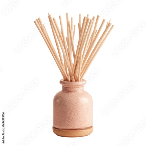 Fototapeta Aromatic wooden sticks are placed in a pink ceramic diffuser to gently scent a room creating a calming and refreshing ambiance in the home interior space.