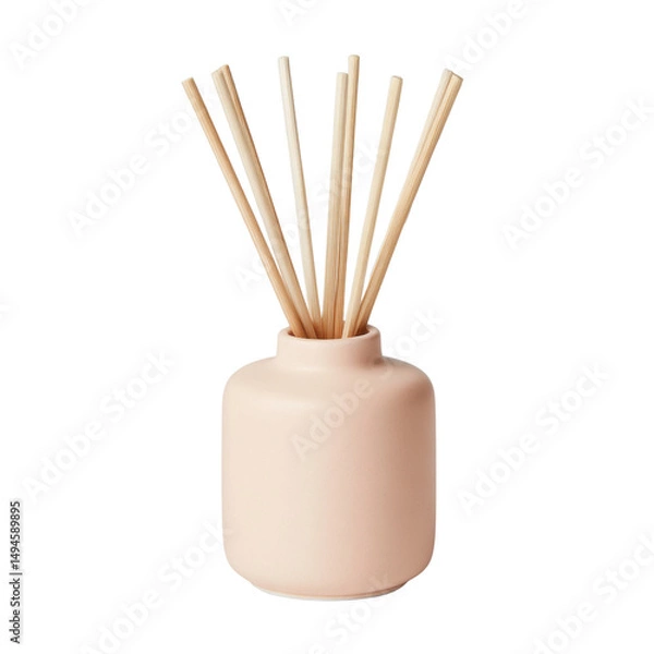 Fototapeta A pastel pink ceramic diffuser holding wooden reeds offers a calming scent through aromatherapy, enhancing the ambiance with its elegant and minimalist design.