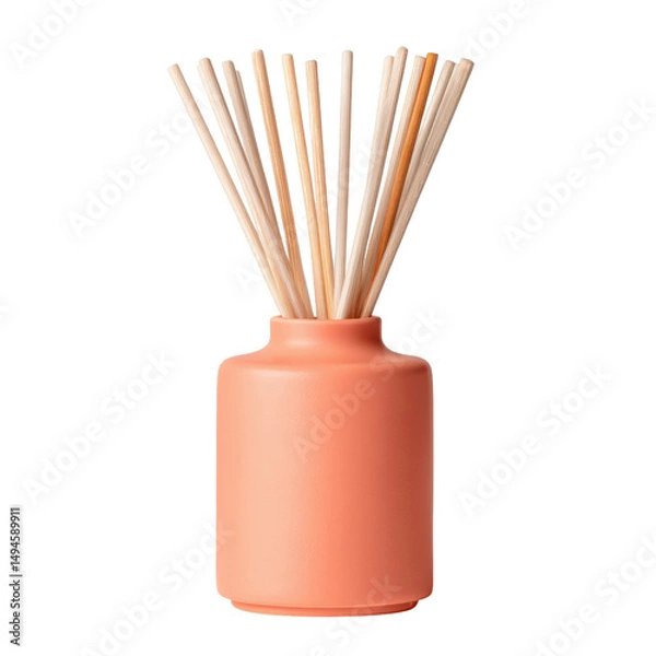 Fototapeta Aromatic reed diffuser with wooden sticks in a stylish peach ceramic vase, providing a subtle and continuous fragrance to create a relaxing ambiance indoors.