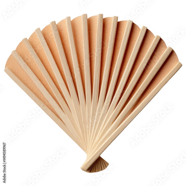 Fototapeta An elegant open hand fan with a light orange paper surface and wooden ribs isolated against a clean white background creates a beautiful decorative object for display.