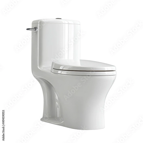 Fototapeta A modern white ceramic toilet with a closed lid and chrome handle stands against a plain white backdrop, ready for installation in a contemporary bathroom.