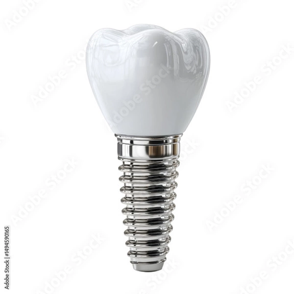 Fototapeta A shiny dental implant with a white crown and silver metal screw is professionally isolated on a clean white background in a modern dental healthcare studio.