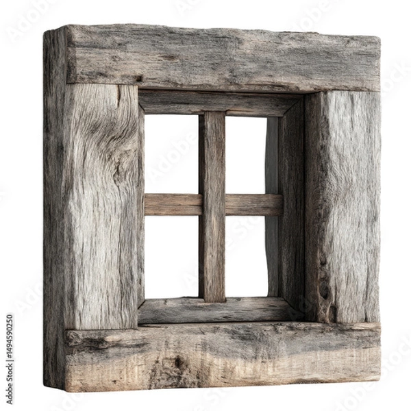 Fototapeta An aged rustic wooden window frame, with visible wood grain, forms a square around the bright white opening, suggesting an antique and isolated object.