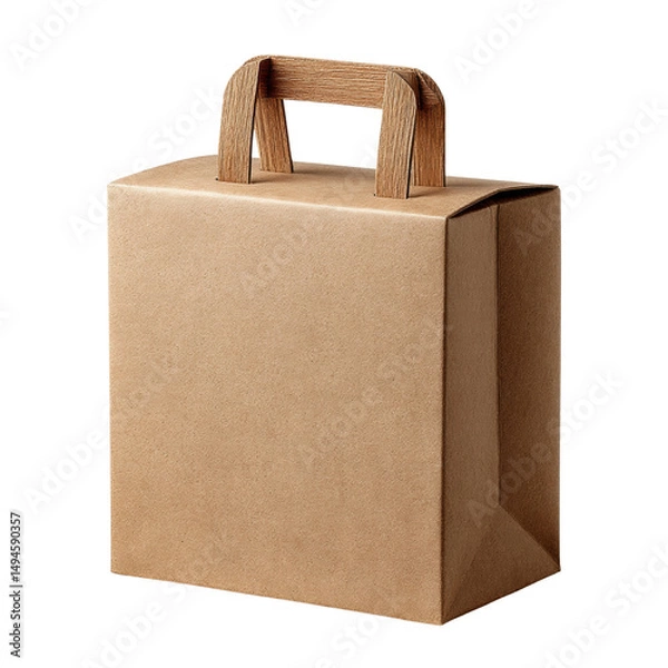 Fototapeta A minimalist brown cardboard box with a wooden handle sits on a white background, showcasing its simple and clean design for packaging or storage purposes.