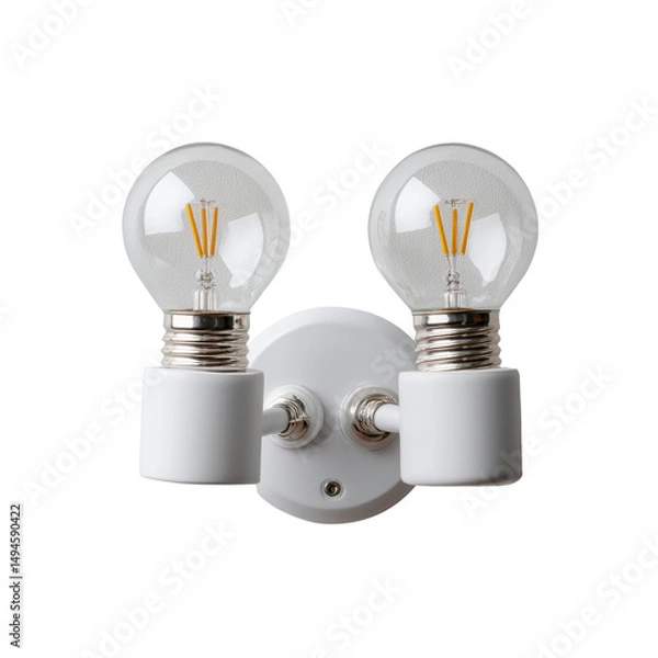 Fototapeta The minimalist white wall light fixture features two clear globe bulbs, elegantly illuminating the modern interior space with a clean and contemporary design aesthetic.