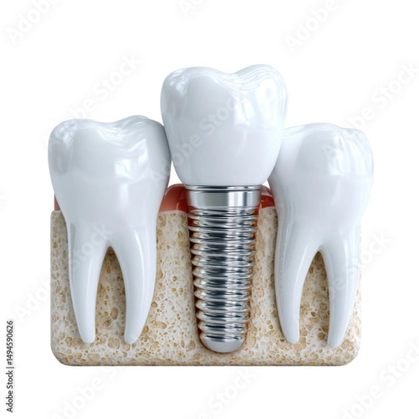 Fototapeta Dental implant is showcased amongst healthy teeth in a cross section of the jawbone demonstrating modern dentistry and innovative tooth replacement options.