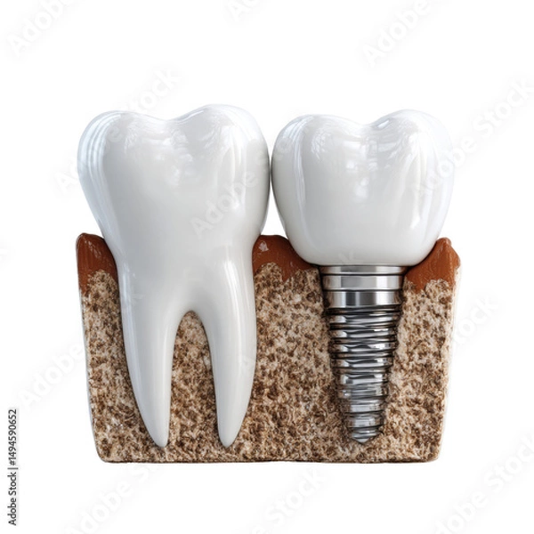 Fototapeta A dental implant illustration shows a replacement tooth anchored in the gums next to a healthy natural tooth, both rendered in high detail against white.