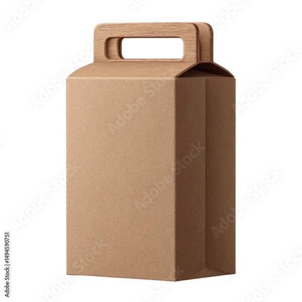 Fototapeta An isolated tall kraft paper gift box with a wooden handle sits upright on a white background, providing a simple and rustic packaging presentation option.