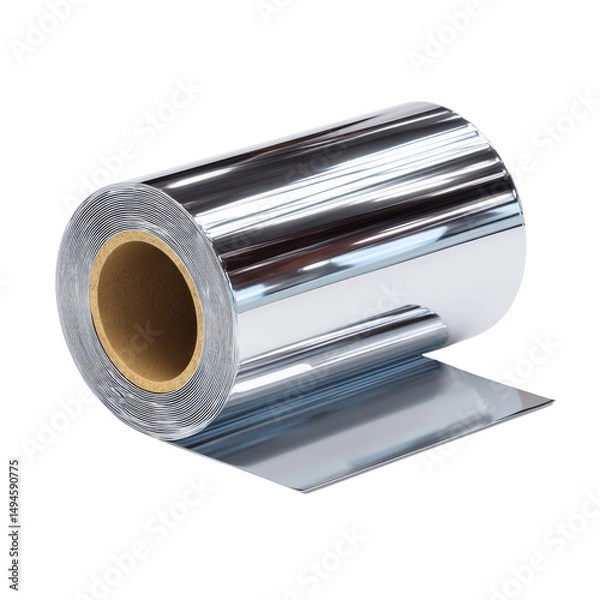 Fototapeta A reflective roll of aluminum foil is showcased against a pristine white background, its shiny surface catching the light, emphasizing its smooth and metallic texture.