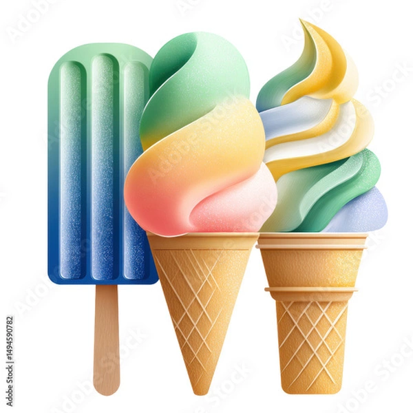 Fototapeta Three colorful frozen treats featu a blue popsicle and two ice cream cones with swirling rainbow sherbet on a clean white background create a delicious summer scene.
