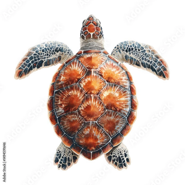 Fototapeta A watercolor illustration features the top view of a sea turtle with a patterned carapace and flippers against a clean white background perfect for designs.