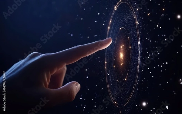 Fototapeta A fingertip interacts with a glowing, swirling cosmic orb, evoking themes of technology, exploration, and the vastness of space