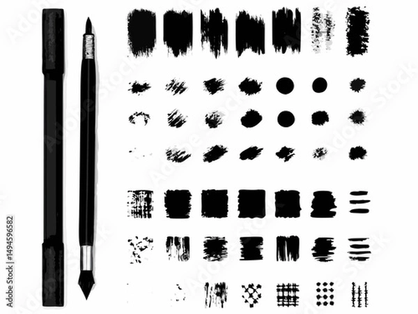 Obraz Vector set of grungy black paint brush stroke borders and dirty ink splatter shapes